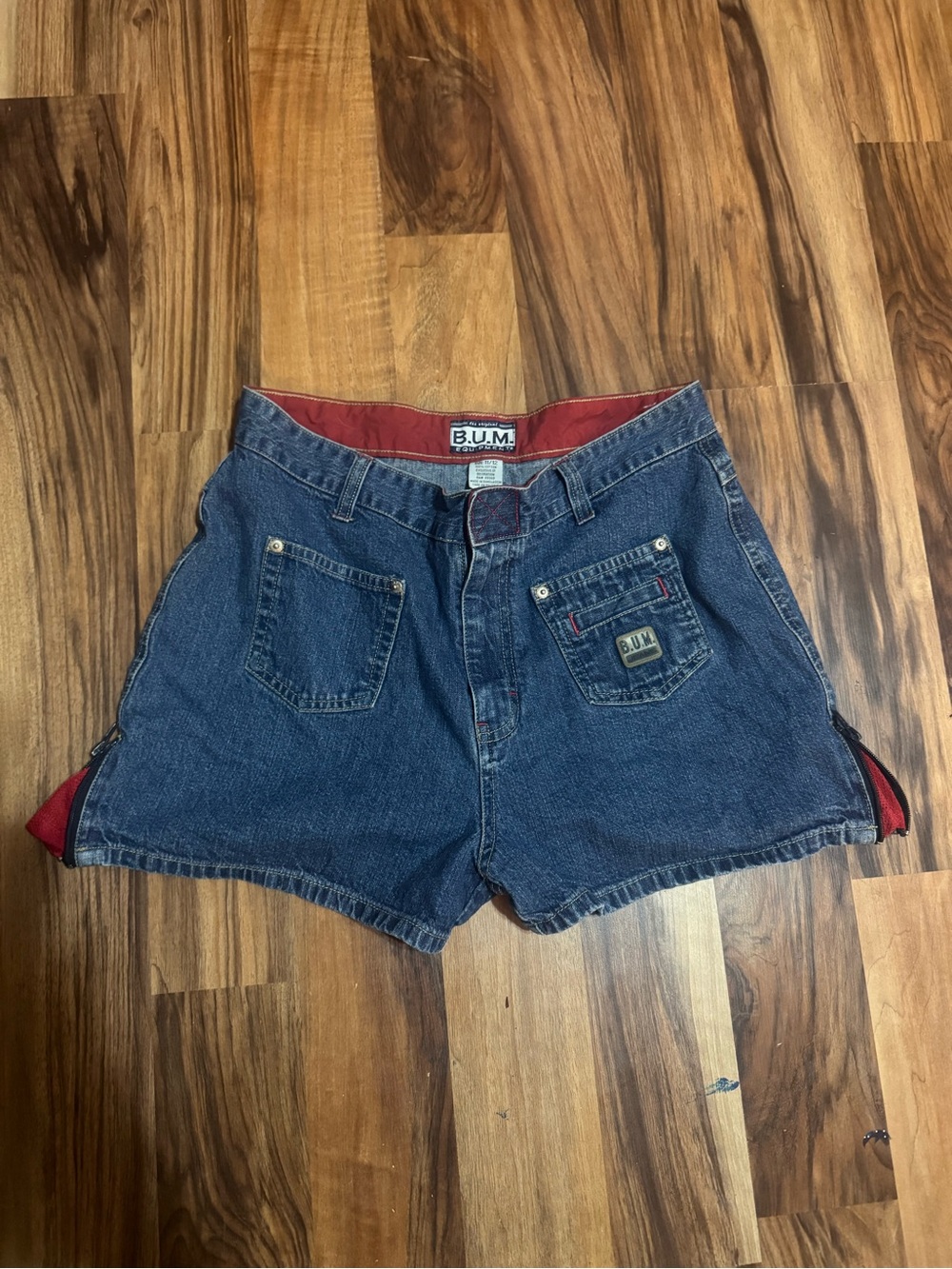 Equipment Blue Denim Shorts with Red Trim